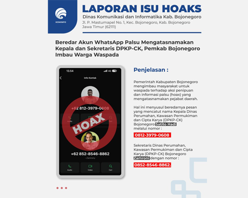HOAXS: Beredar Akun WhatsApp Mengaku Kepala dan Sekretaris DPKP-CK Bojonegoro