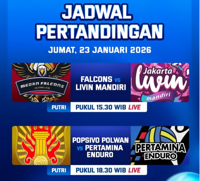 Jadwal Proliga 2026 Hari Ini: Falcons Vs Livin Mandiri dan Popsivo Polwan Vs Pertamina Enduro