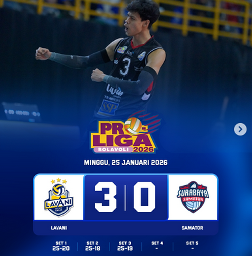 Hasil Proliga 2026 Putra: Tak Terbendung, LavAni Hancurkan Surabaya Samator 3-0