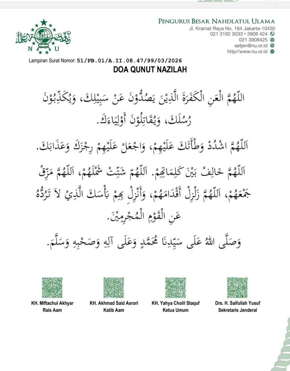 Inilah Teks Doa Qunut Nazilah yang Diterbitkan PBNU
