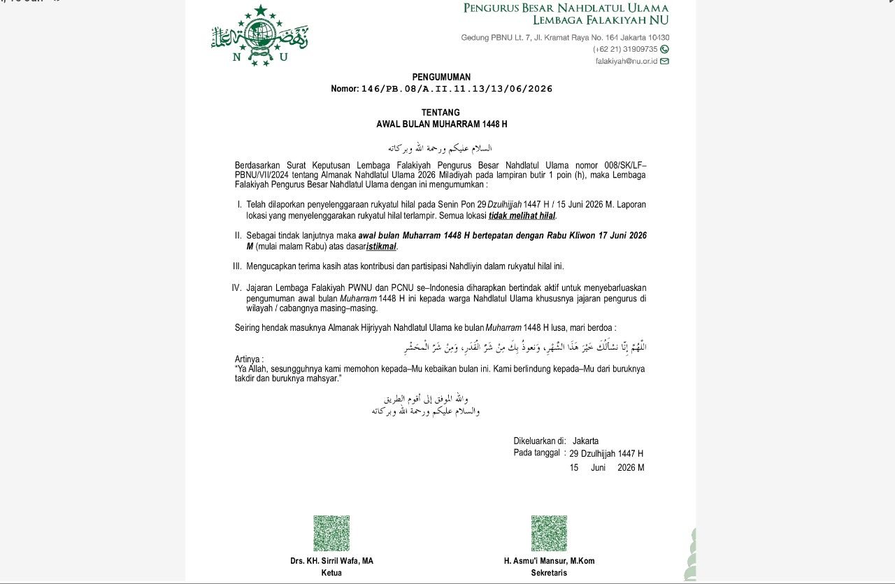 PBNU Tetapkan 1 Muharram 1448 H Jatuh pada...