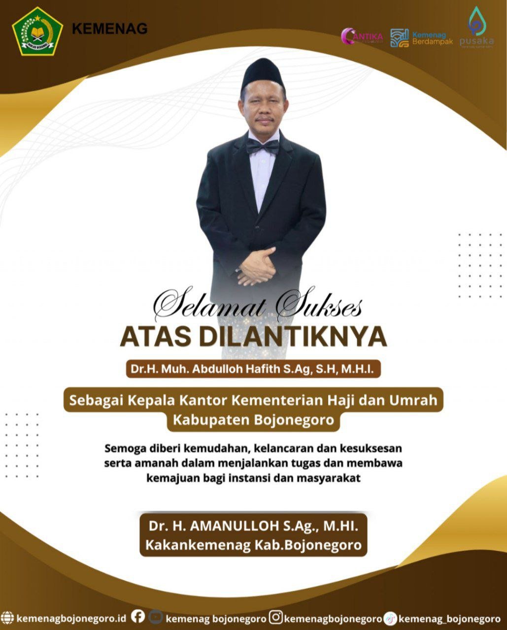 Dr. H. Abdulloh Hafith Resmi Dilantik sebagai Kepala Kantor Kementerian Haji dan Umrah Bojonegoro