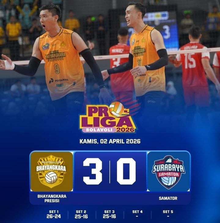 Hasil Final Four Hari Ini: Telak, Jakarta Bhayangkara Presisi Menang 3-0 atas Surabaya Samator